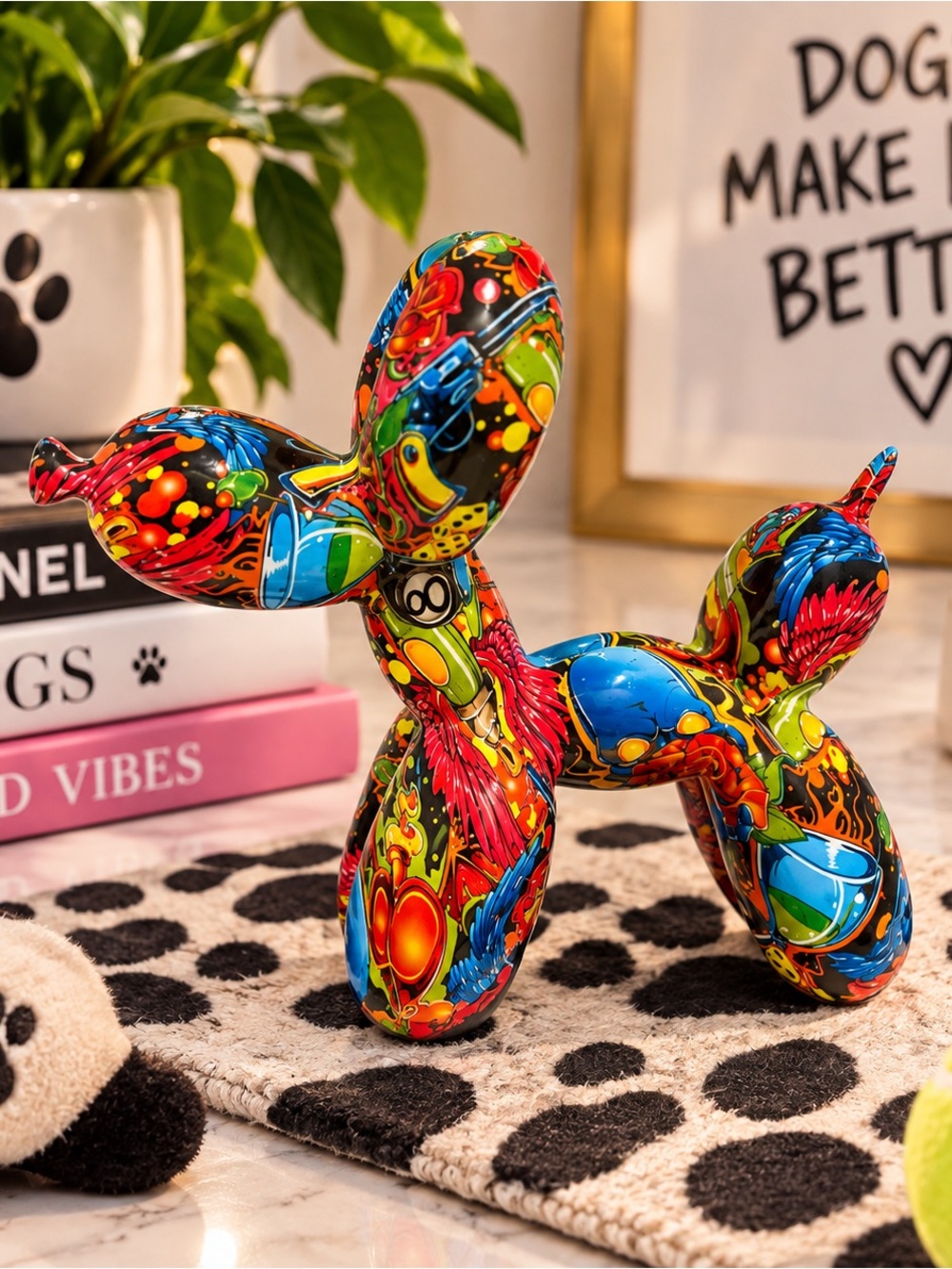Colorful Balloon Dog Sculpture | Pop Art Decor | Multicolor Grafitti Statue NWOT